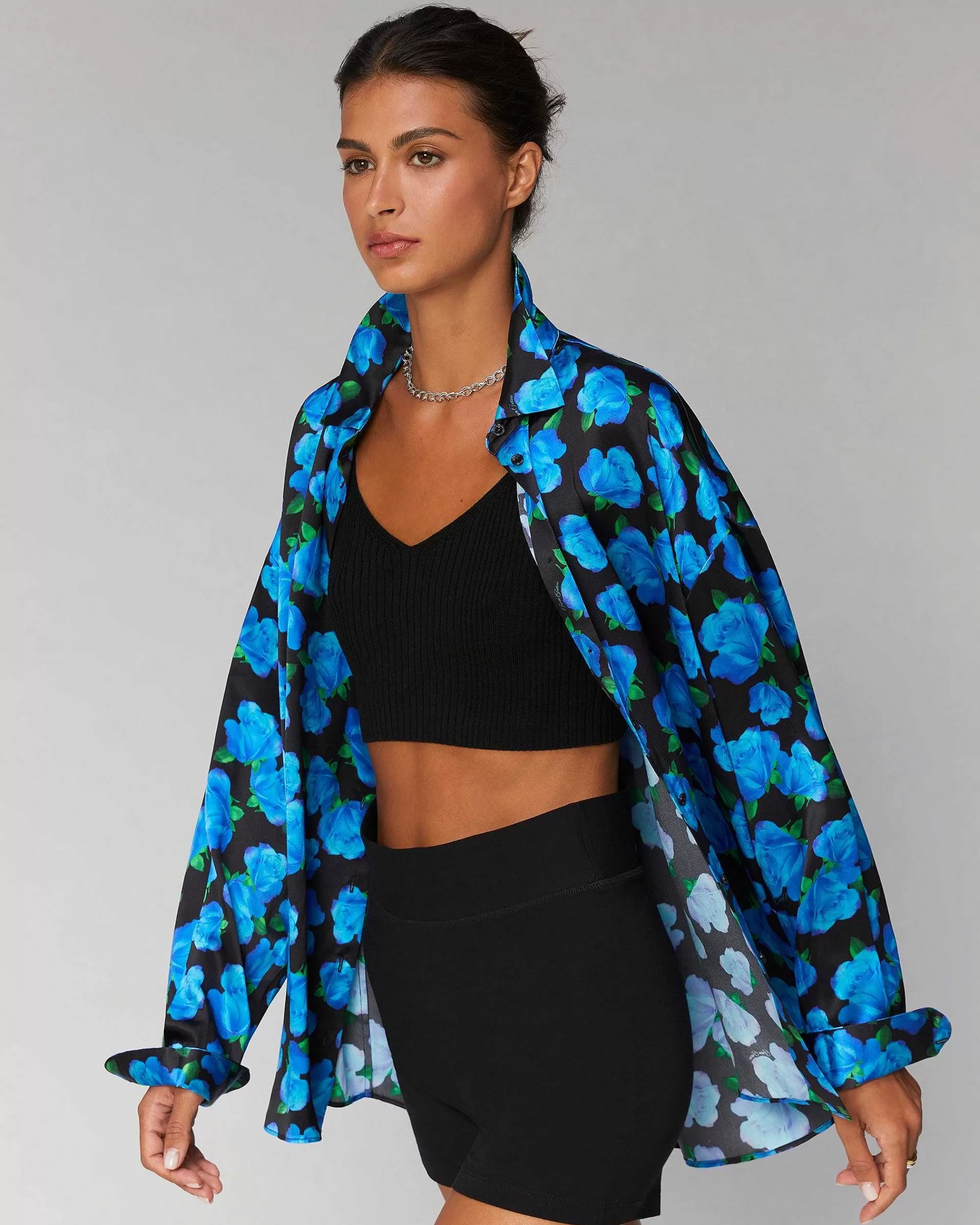 Fashion FROM FUTURE Chemise Manches Longues Oversize Blue Roses