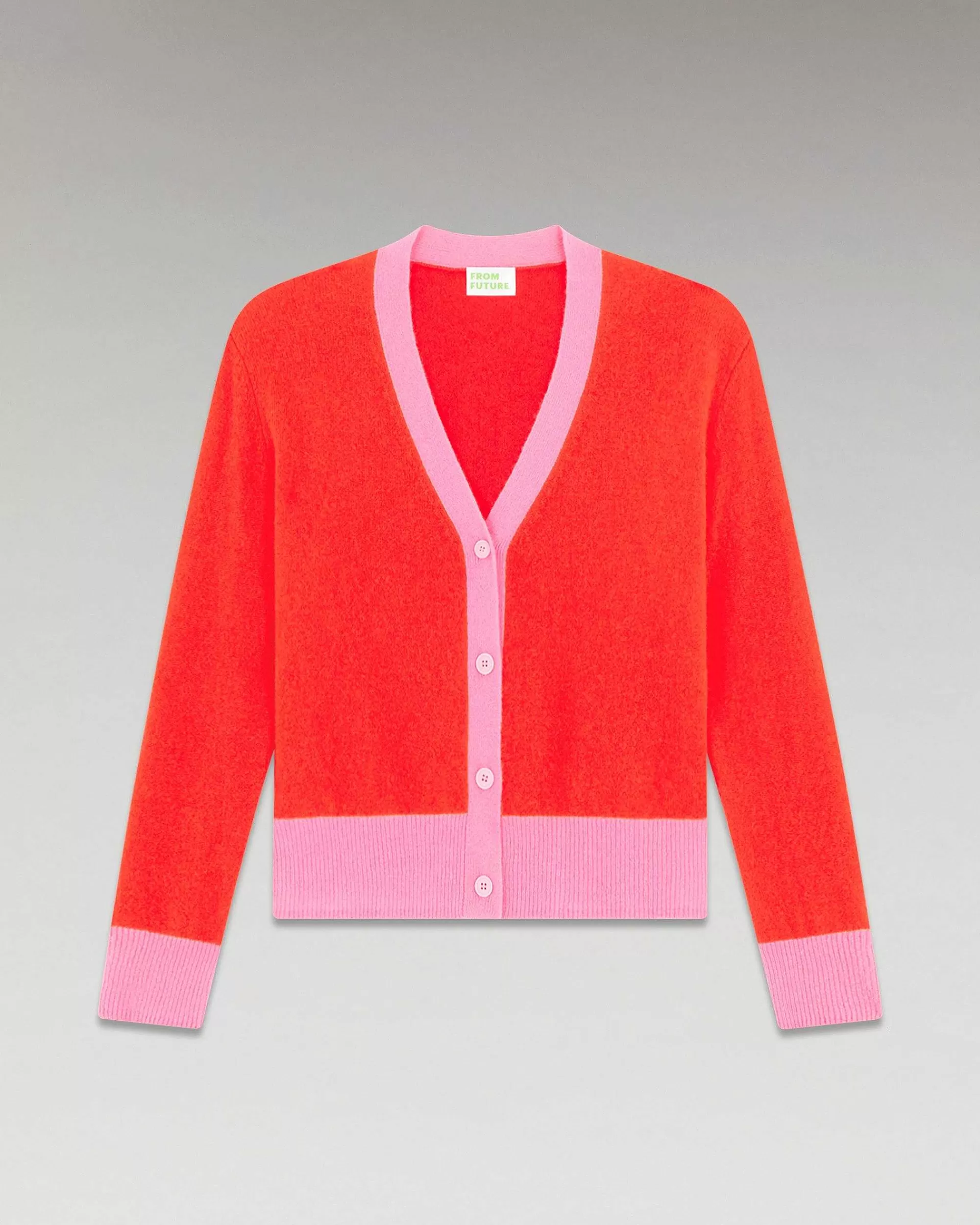 Outlet FROM FUTURE Pull Cardigan Bicolore Leger Rouge Vif
