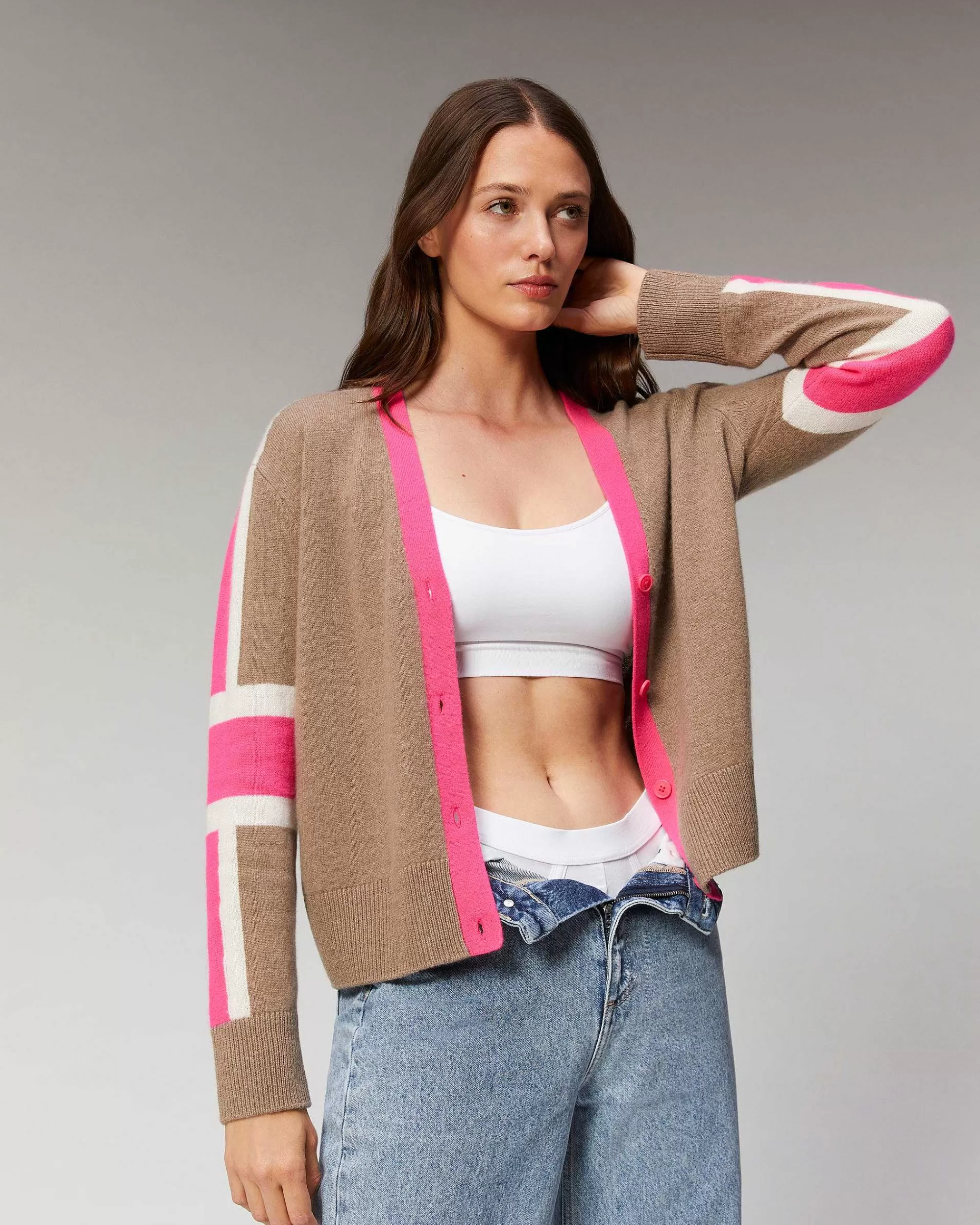 Flash Sale FROM FUTURE Pull Cardigan Manches Tricolore Leger Taupe