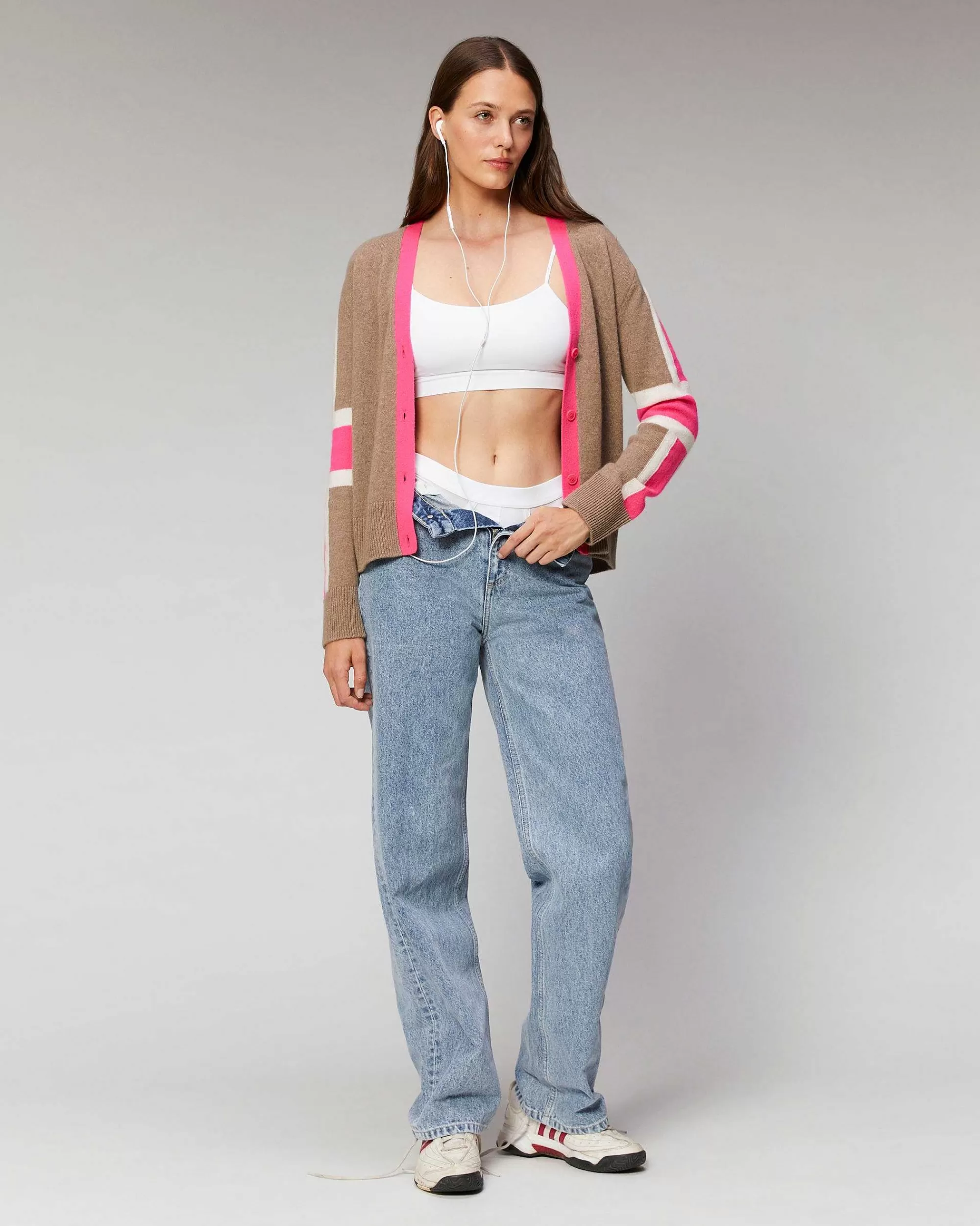 Flash Sale FROM FUTURE Pull Cardigan Manches Tricolore Leger Taupe