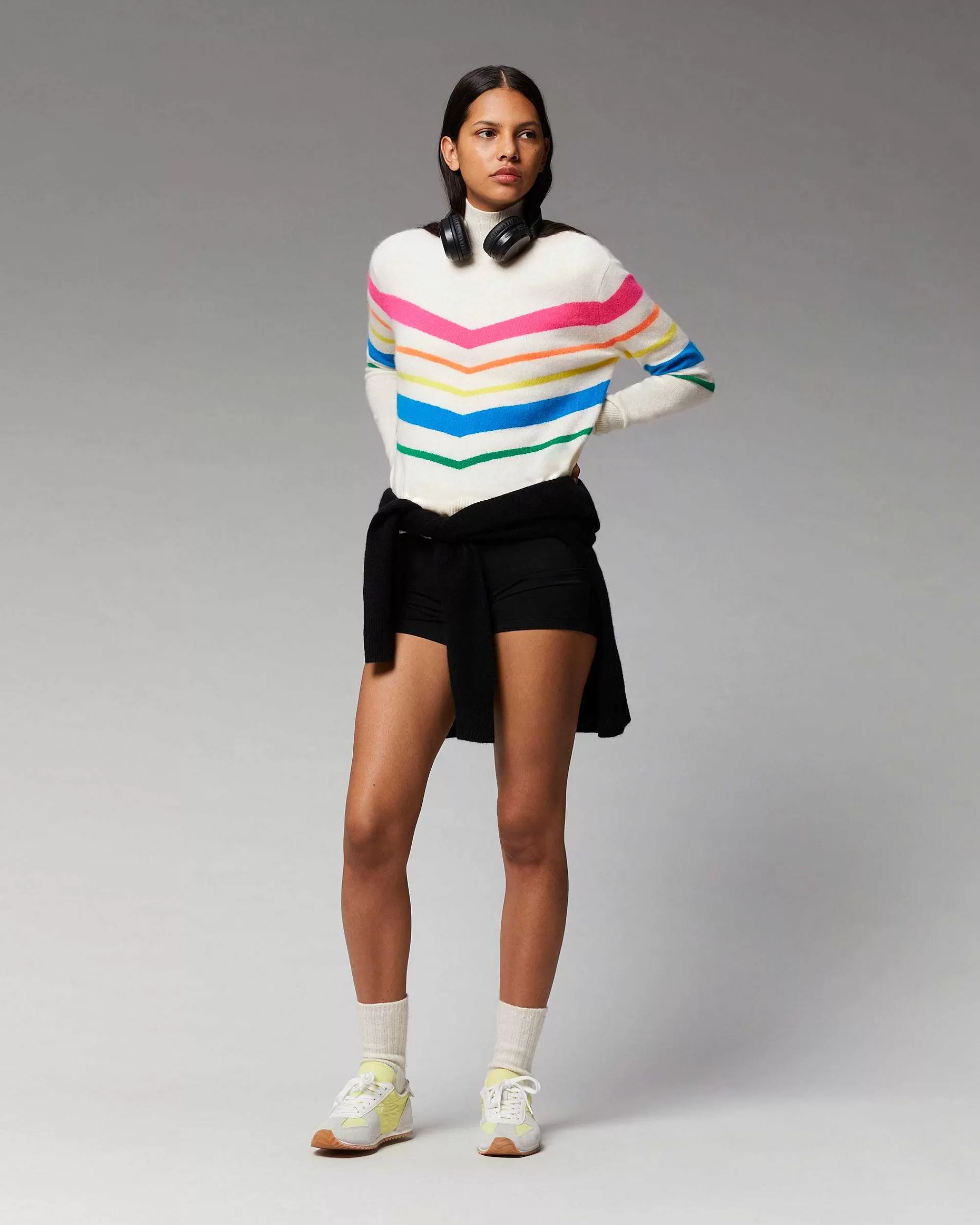Flash Sale FROM FUTURE Pull Col Montant Bandes Multicolore Leger Noir