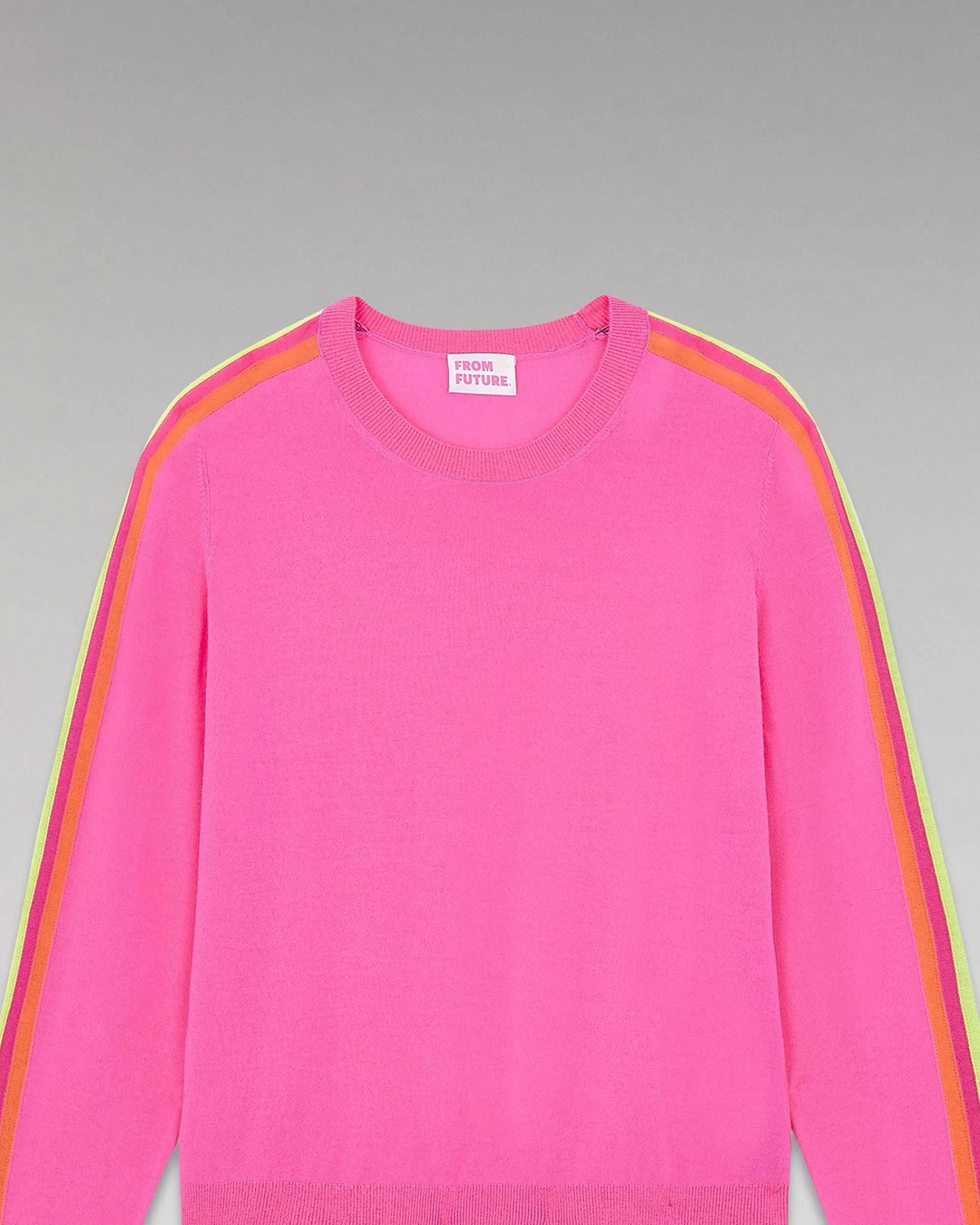 Sale FROM FUTURE Pull Col Rond Bandes Manches Multico Sparkle Pink