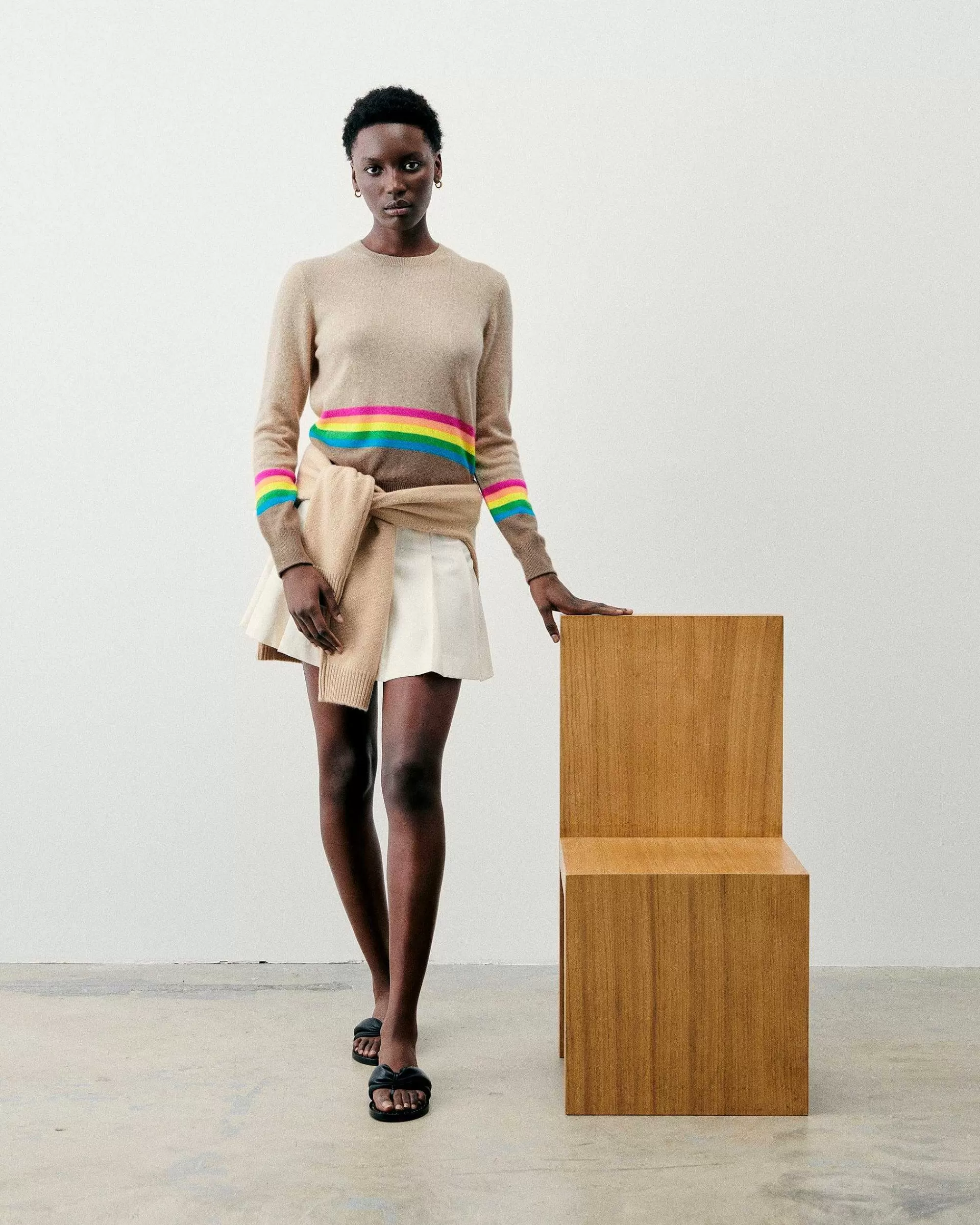 Hot FROM FUTURE Pull Col Rond Bas A Bandes Multicolores Beige Chine