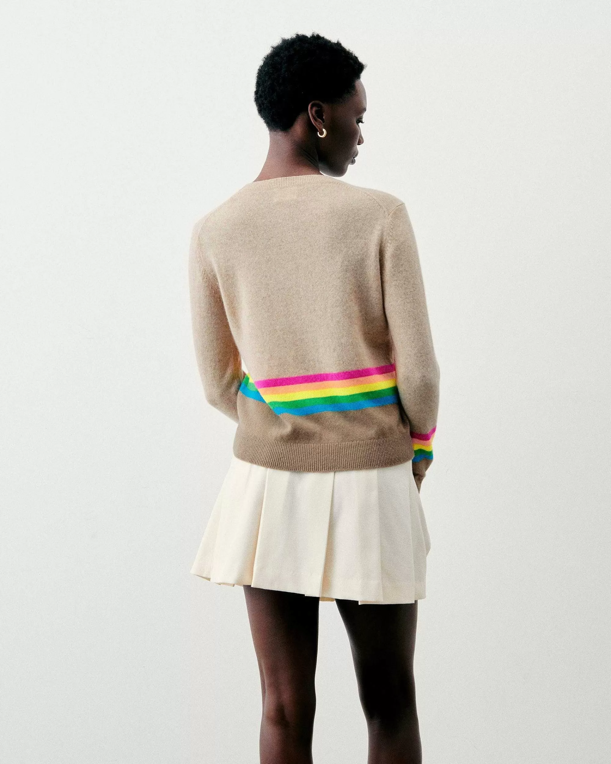 Hot FROM FUTURE Pull Col Rond Bas A Bandes Multicolores Beige Chine