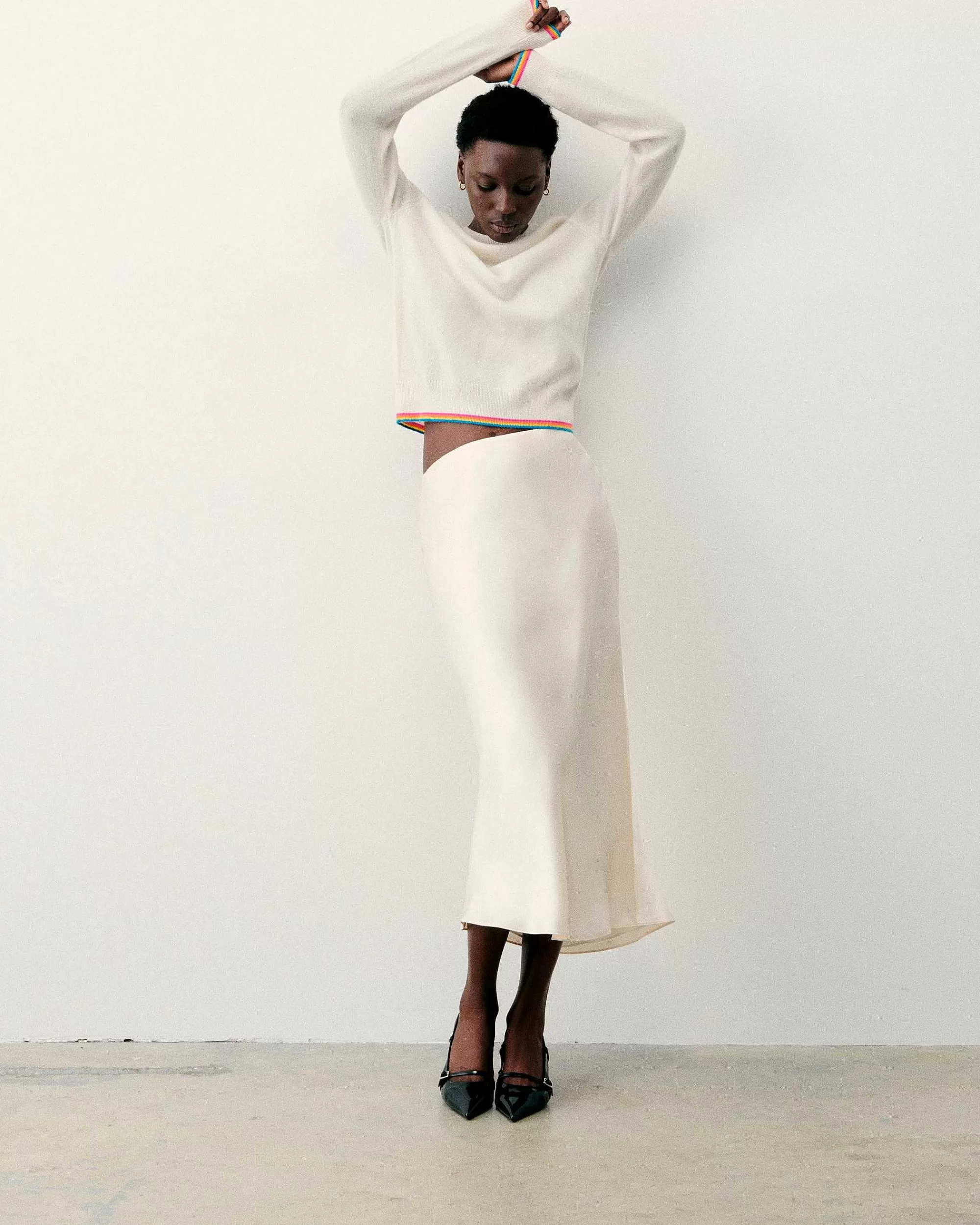 Shop FROM FUTURE Pull Col Rond Bas Liseret Multicolore Ecru