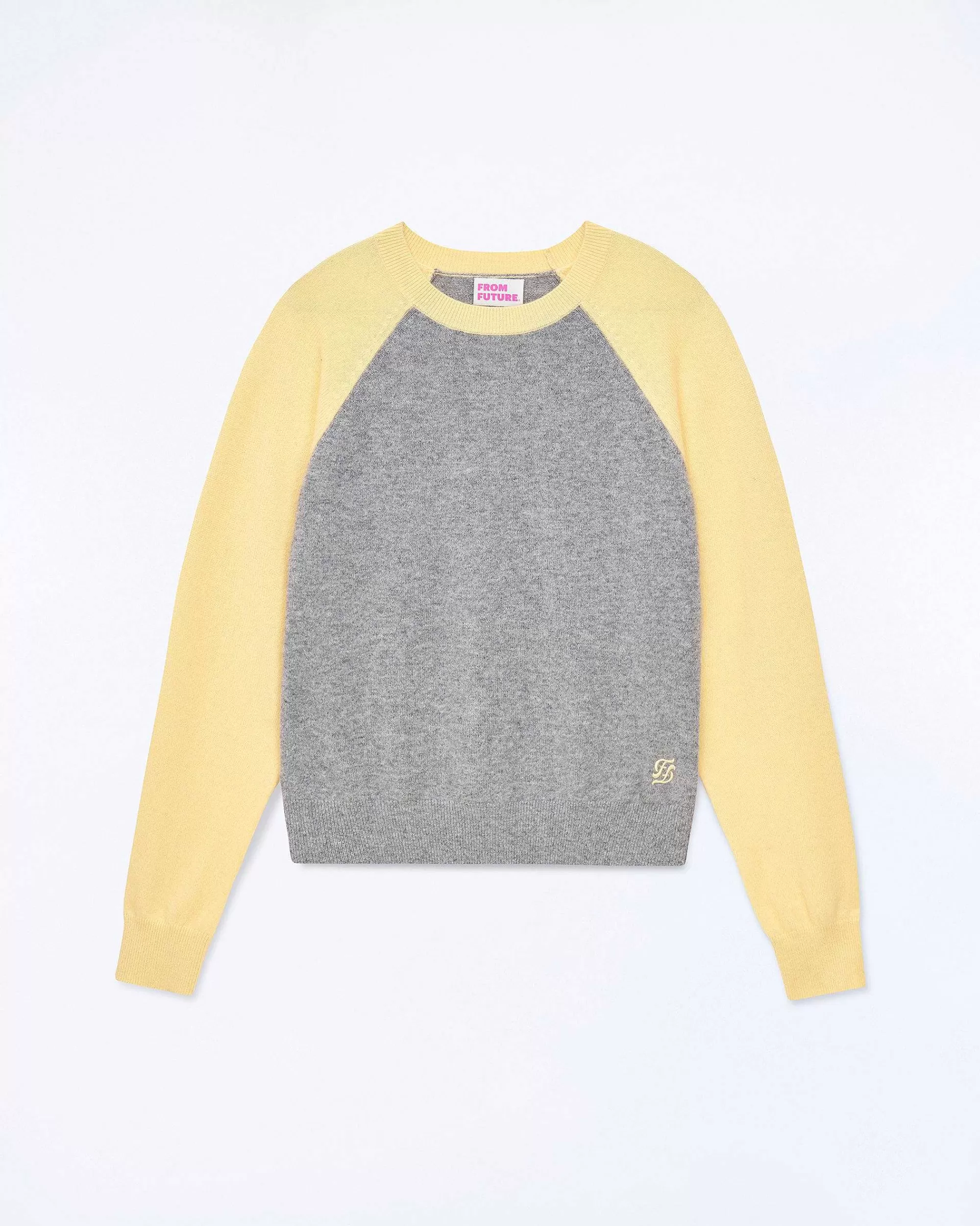 Cheap FROM FUTURE Pull Col Rond Manches Contrastees Gris Chine Fonce