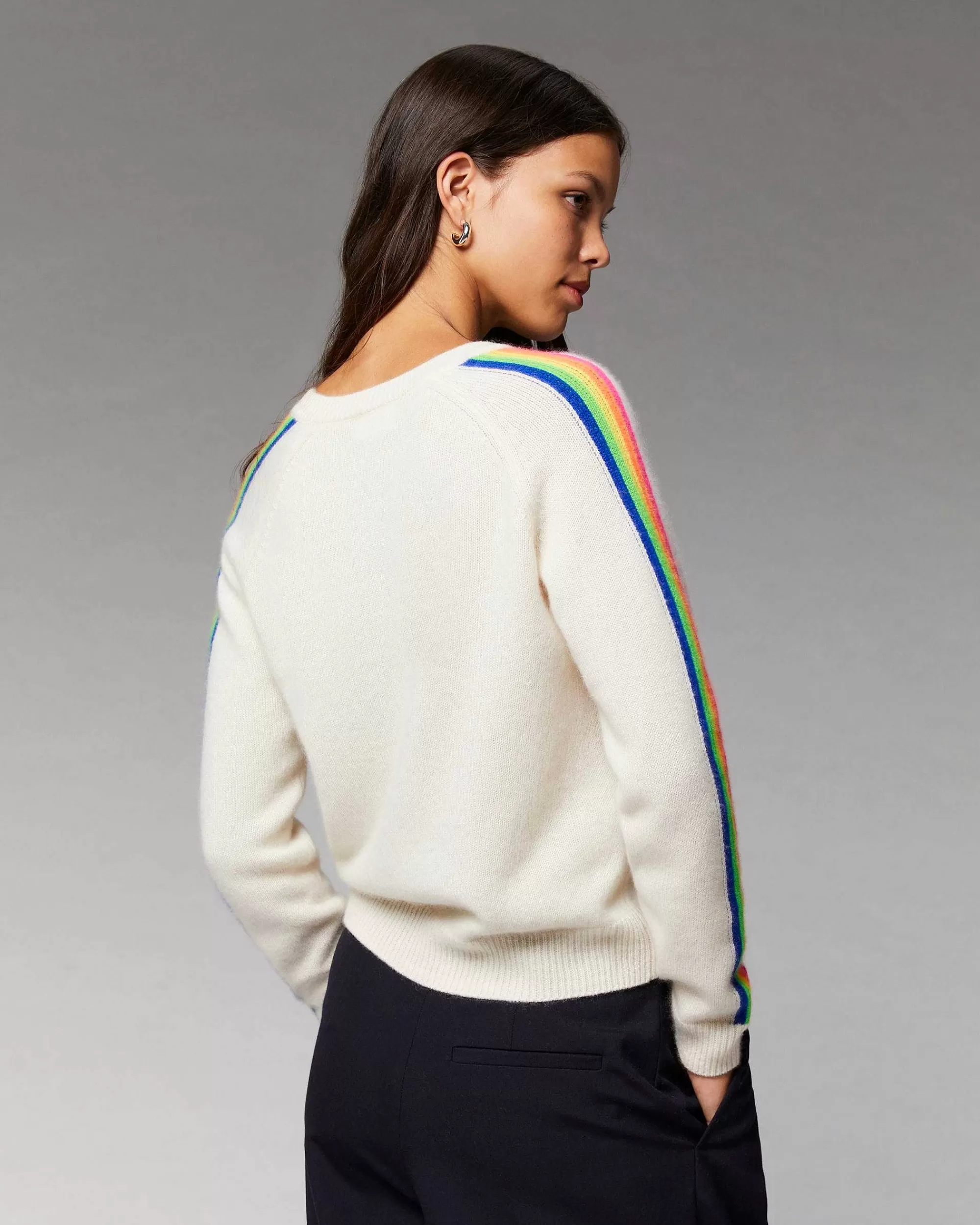Outlet FROM FUTURE Pull Col V Bandes Manches Multicolore Ecru