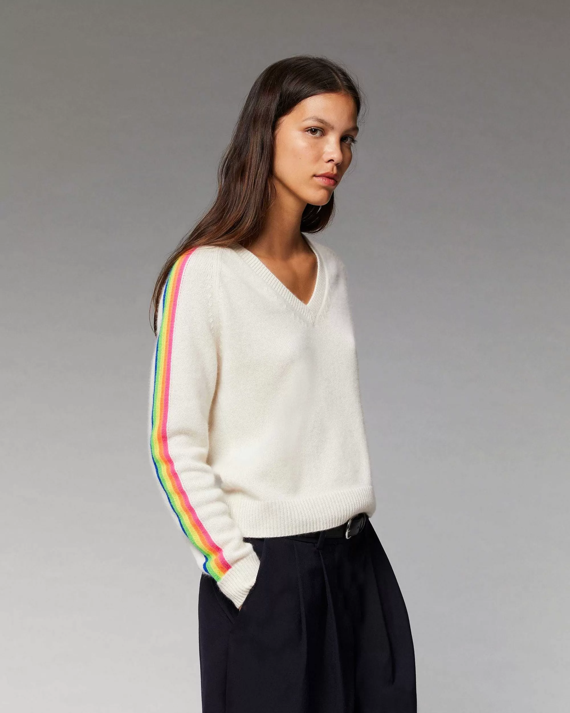 Outlet FROM FUTURE Pull Col V Bandes Manches Multicolore Ecru