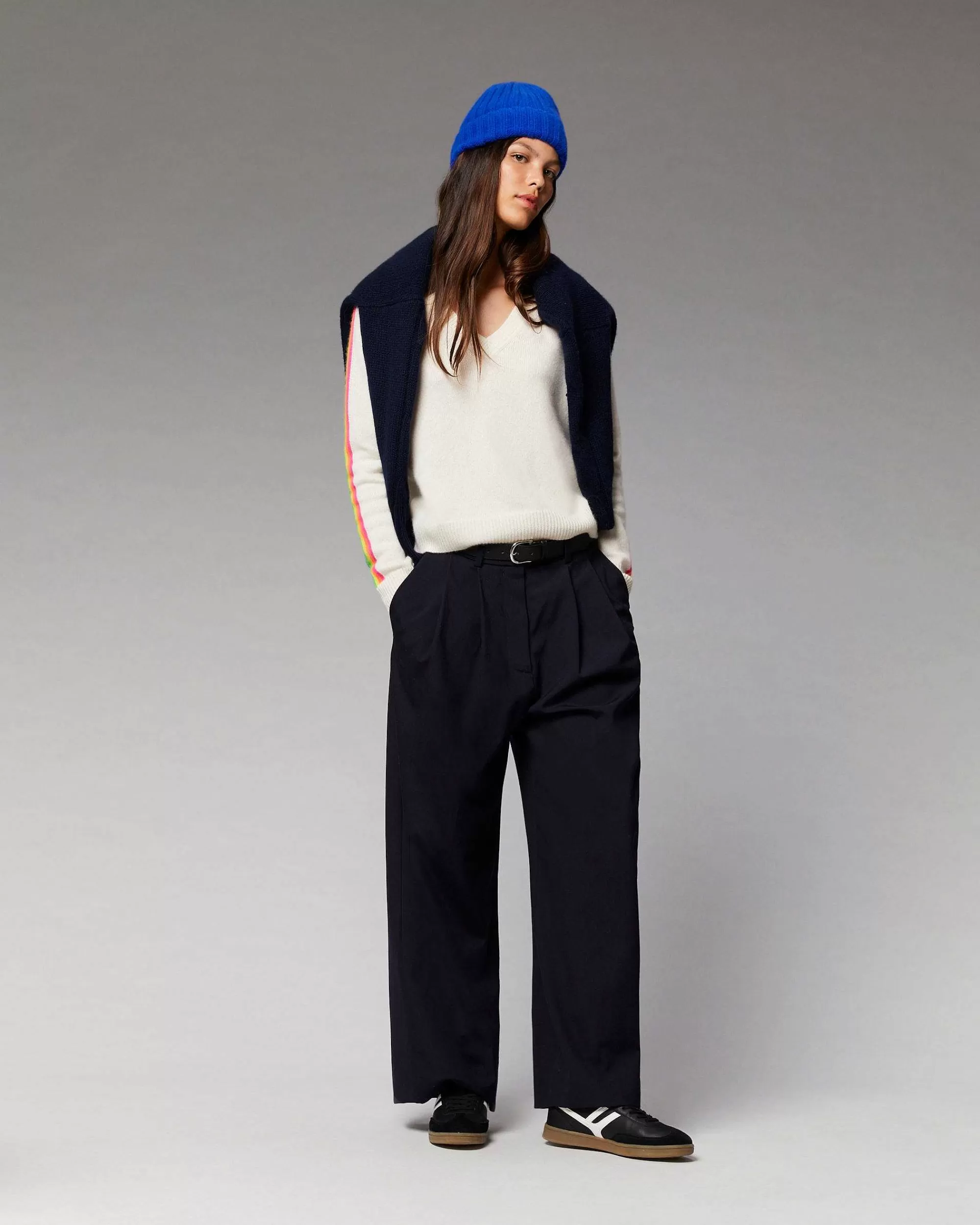 Outlet FROM FUTURE Pull Col V Bandes Manches Multicolore Ecru