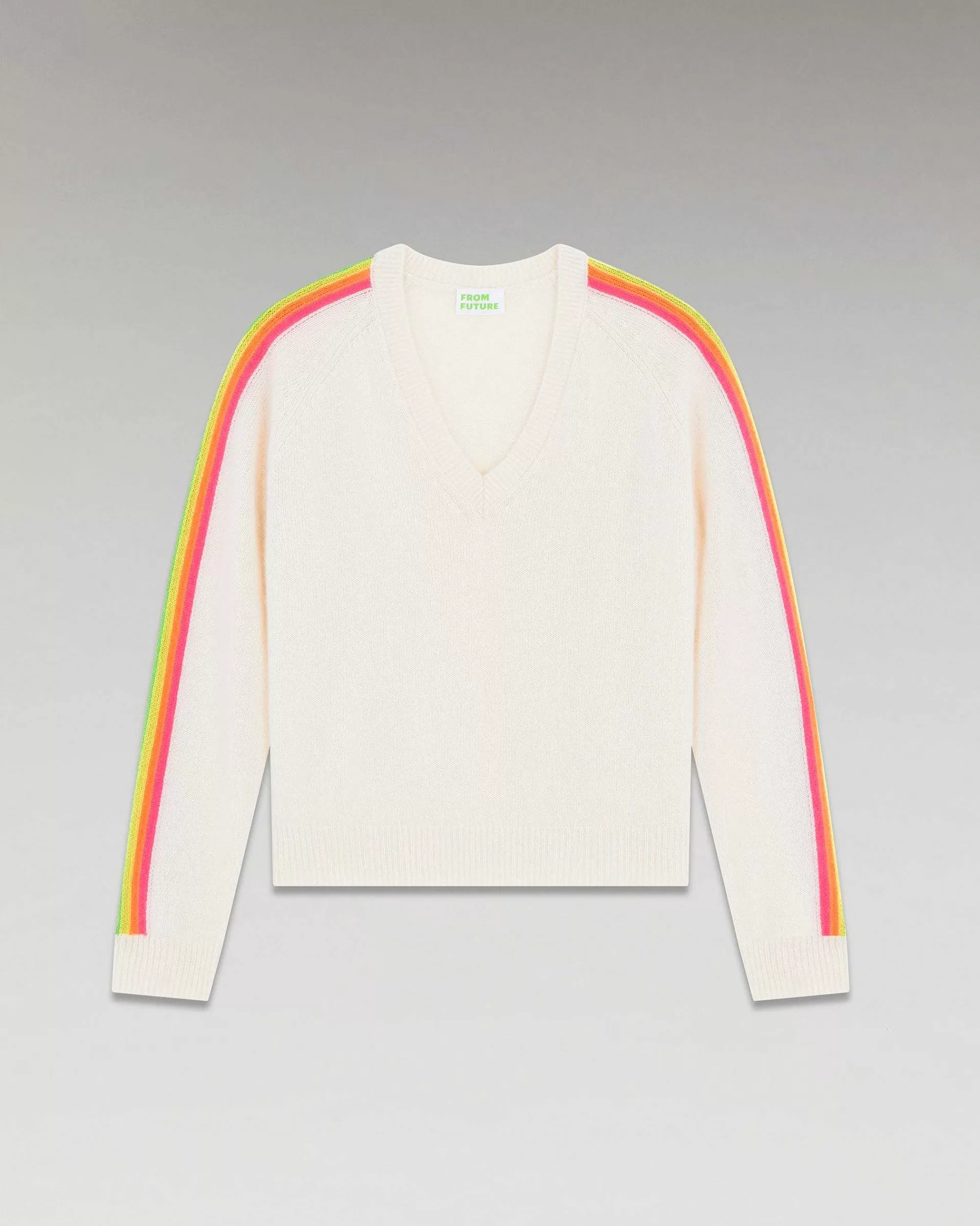 Outlet FROM FUTURE Pull Col V Bandes Manches Multicolore Ecru