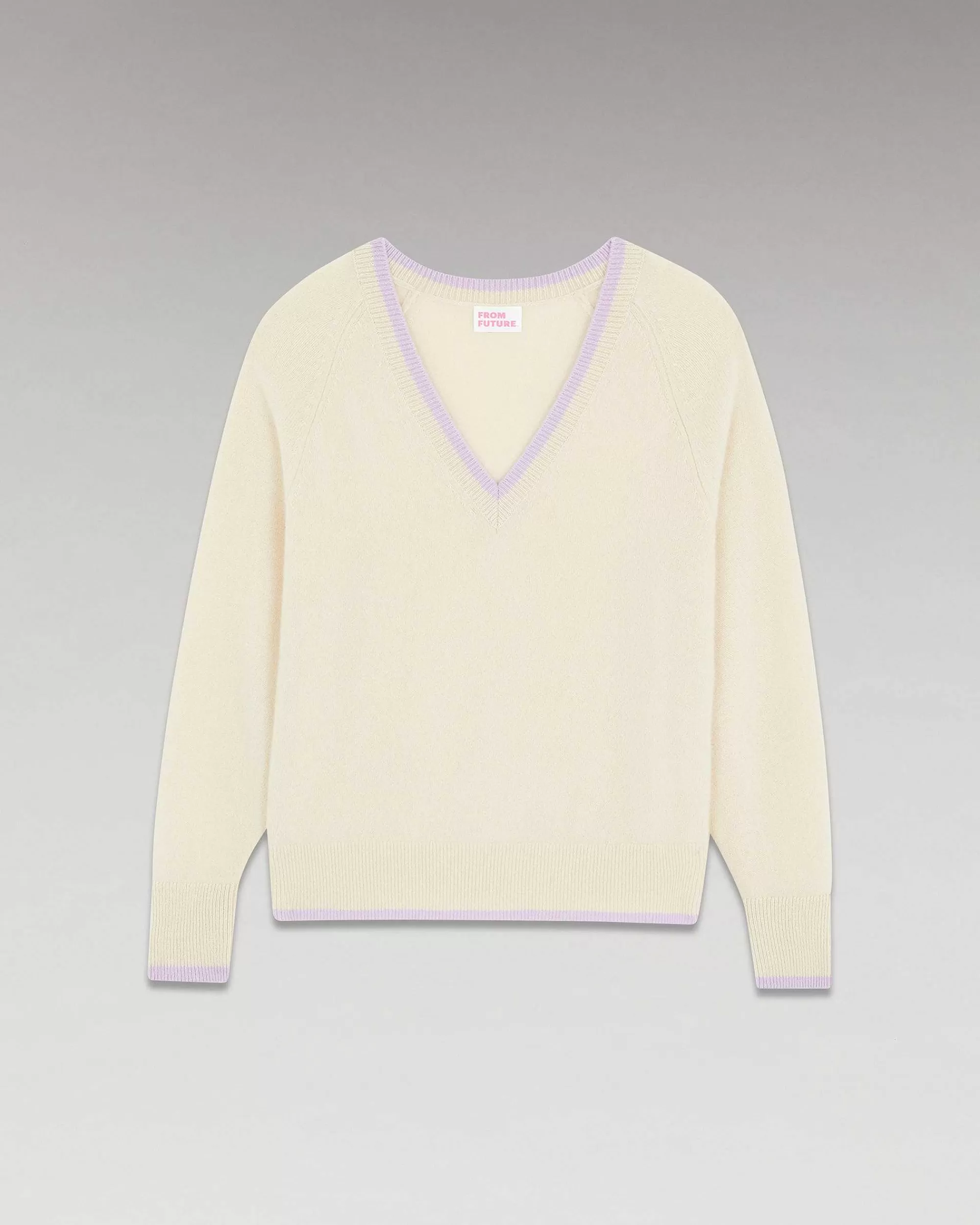 Cheap FROM FUTURE Pull Col V Liserets Contrastes Leger Sable