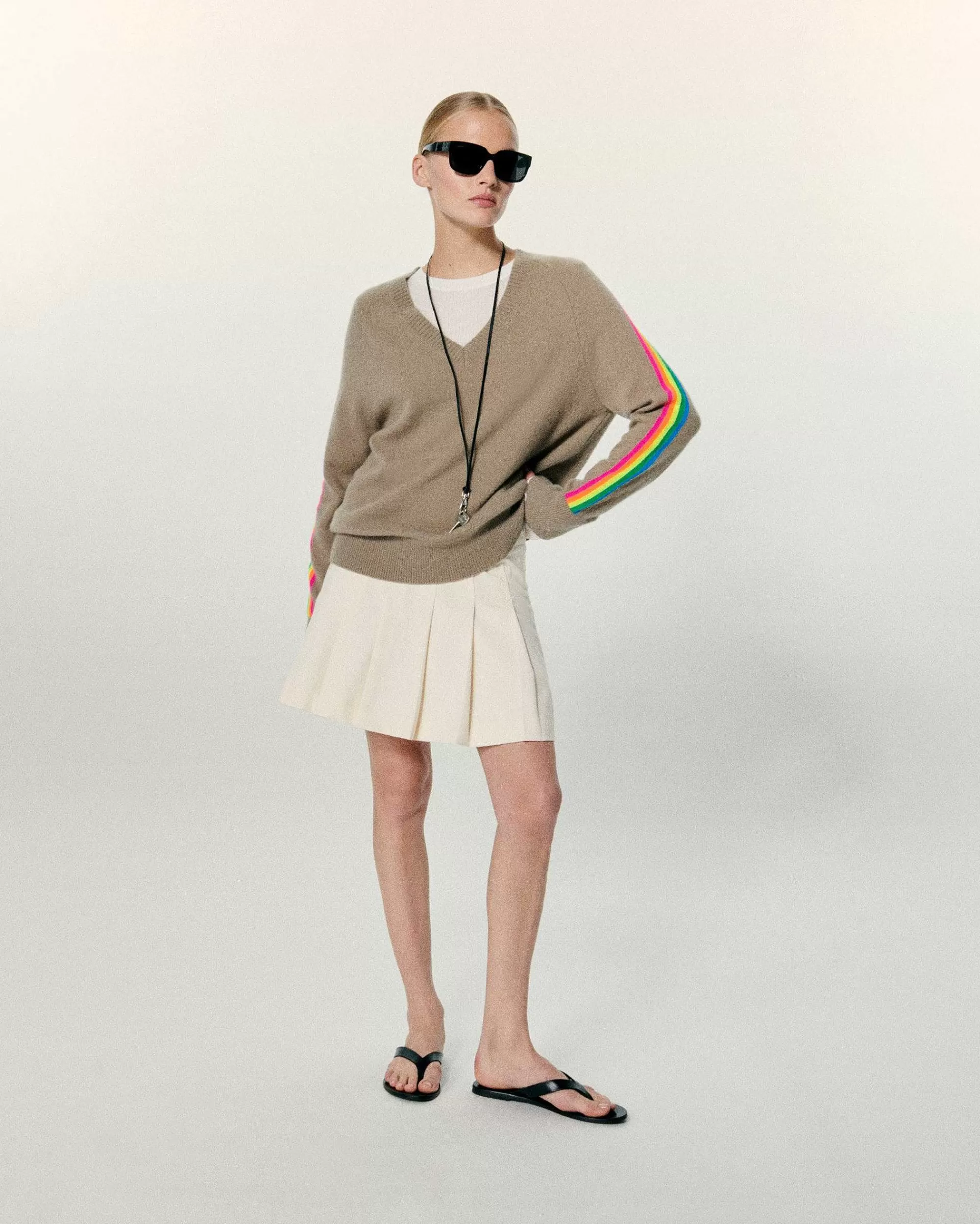 Sale FROM FUTURE Pull Col V Oversize Bande Manches Multico Tropical Taupe