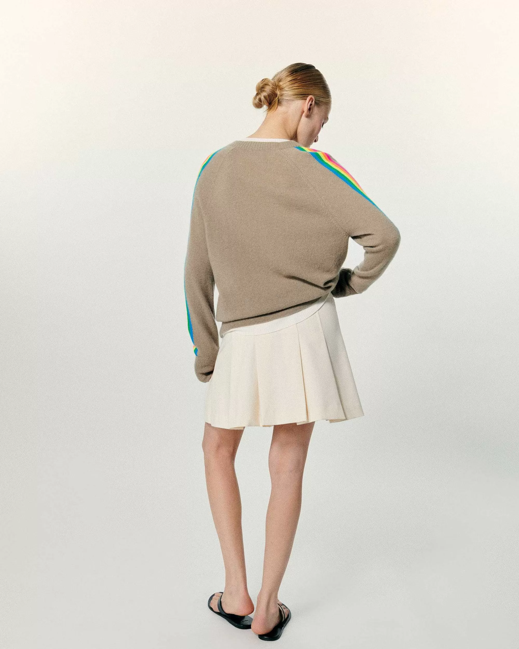 Sale FROM FUTURE Pull Col V Oversize Bande Manches Multico Tropical Taupe