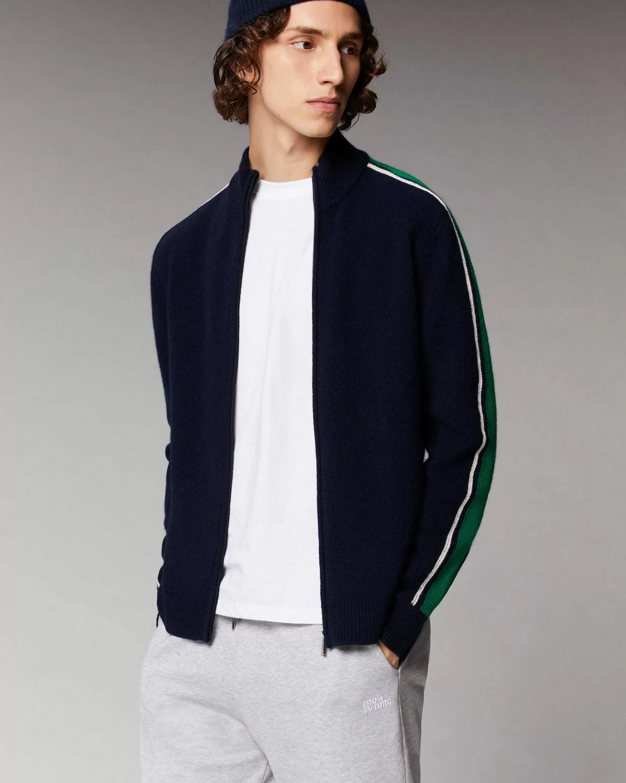 Discount FROM FUTURE Pull Gilet Zippe Bandes Bicolore Navy