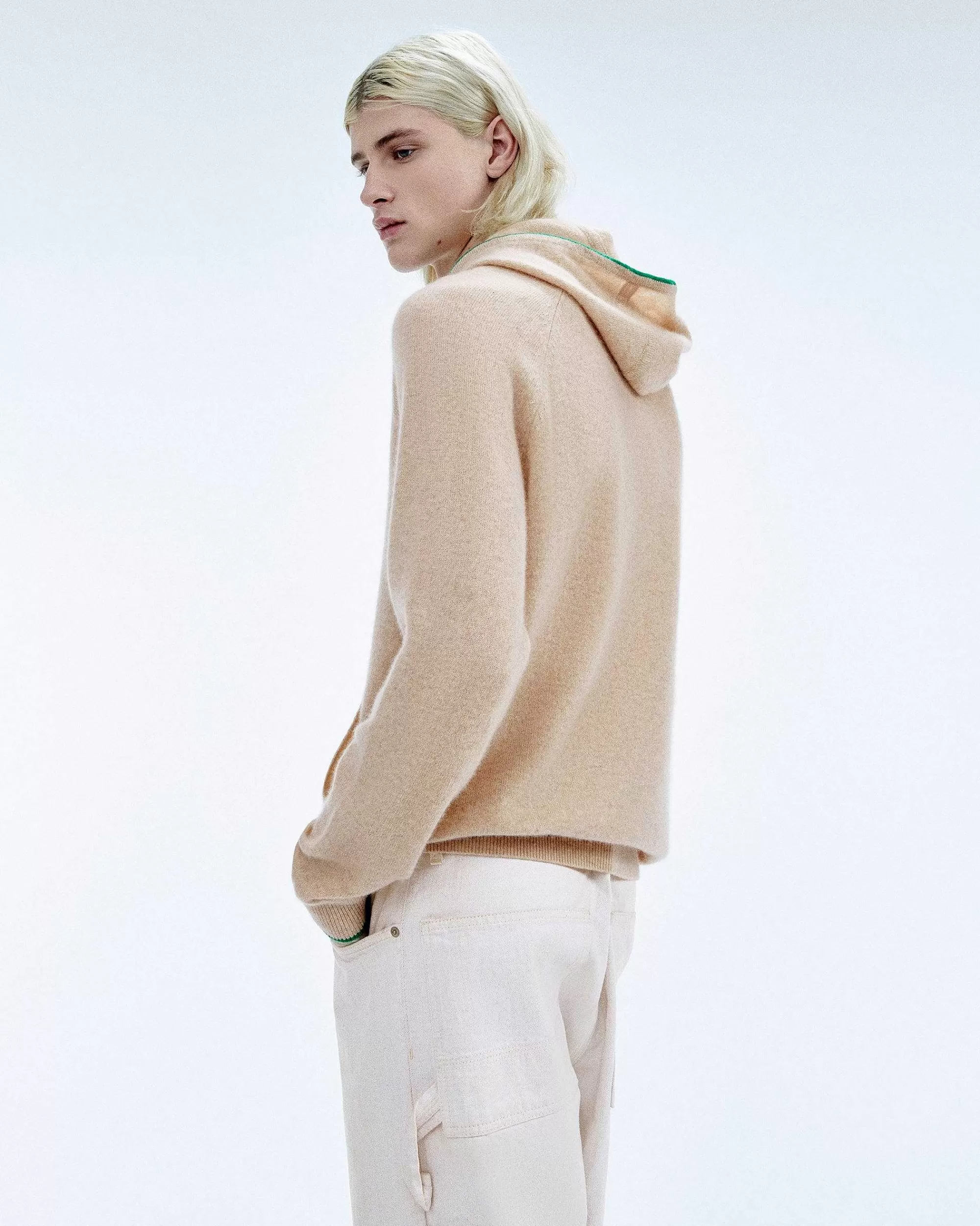 New FROM FUTURE Pull Hoodie A Poche Et Liserets Contrastes Beige Chine