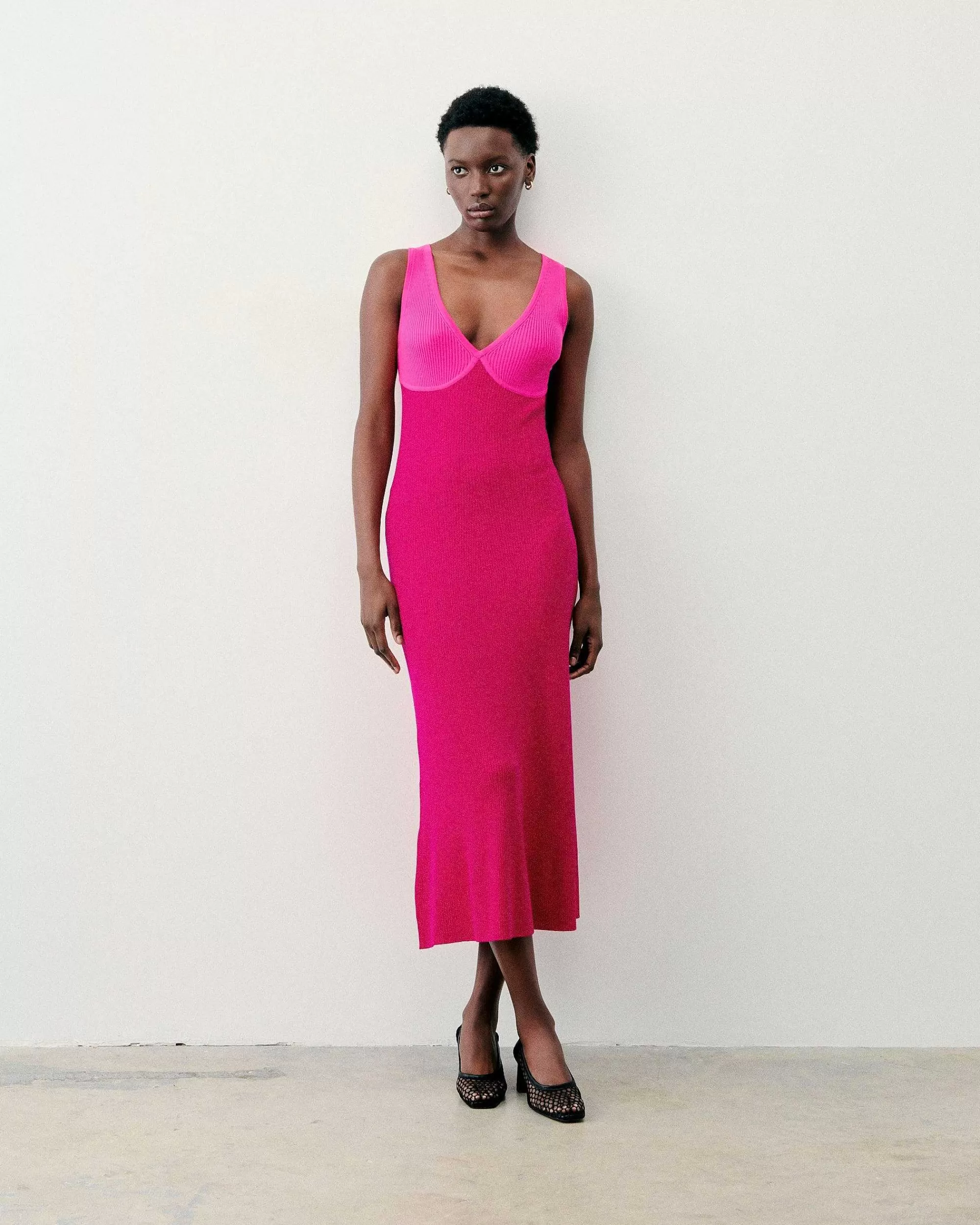 New FROM FUTURE Robe Longue Bretelle Bicolore Raspberry Pink